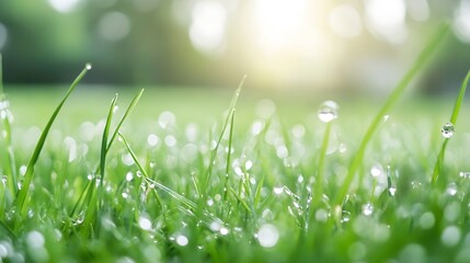 Aufkleber - Close-up view of dew drops on vibrant green grass blades in soft sunlight, creating a refreshing and peaceful natural scene. : Generative AI