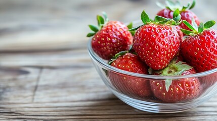 Poster - Close-up view of fresh, ripe strawberries in a clear glass bowl, sitting on a rustic wooden table. The vibrant red color of the berries contrasts beautifully with the natural wood grai : Generative AI