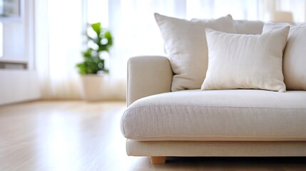 Aufkleber - Close-up view of a beige sofa with plush cushions, situated in a bright, modern living room near a large window and a potted plant, conveying a sense of calm and serenity. : Generative AI