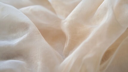 Fototapete - Close-up view of beige fabric with subtle texture and delicate folds, showcasing its soft, sheer, and lightweight nature. : Generative AI