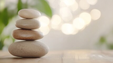 Leinwandbilder - Serene Stack of Balanced Stones on Wooden Surface, Soft Bokeh Background with Green and Beige Tones, Peaceful Zen Concept. : Generative AI