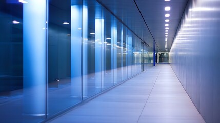 Poster - Modern office hallway with glass walls and blue lighting, showcasing sleek architecture and contemporary design elements. : Generative AI