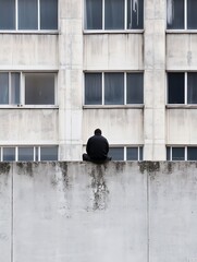 Fototapete - A lone man sits on a weathered concrete wall, gazing at a large, aged white building with many windows.  The scene evokes feelings of solitude and contemplation. : Generative AI
