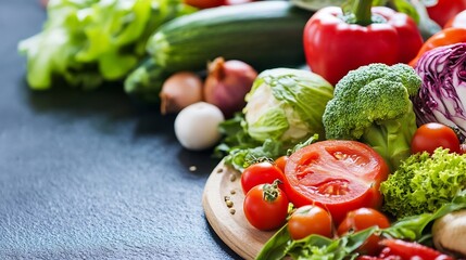 Aufkleber - A vibrant assortment of fresh vegetables, including tomatoes, broccoli, lettuce, and peppers, arranged on a rustic wooden board, showcasing the colors and textures of healthy eating. : Generative AI