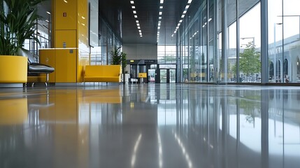 Aufkleber - Modern office lobby with polished floor, yellow seating, and large glass windows offering a view of city buildings and trees. : Generative AI