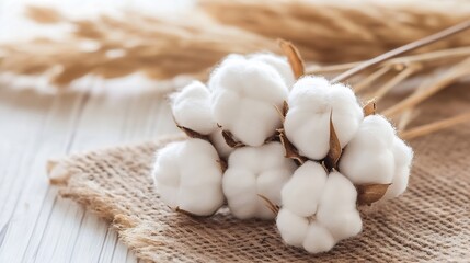 Poster - close-up of fluffy cotton flower heads on a rustic burlap surface, with blurred tan pampas grass in 