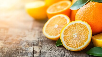 Aufkleber - Close-up of juicy orange and lemon slices on rustic wooden table, bathed in sunlight, showcasing vibrant citrus fruit textures and colors. : Generative AI