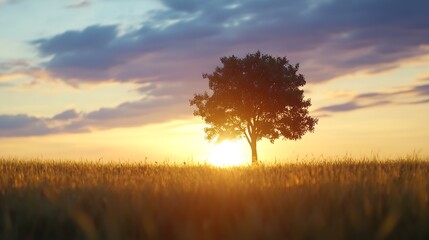 Aufkleber - Silhouette of a solitary tree standing in a golden wheat field at sunset, bathed in warm, orange light against a vibrant sky. : Generative AI