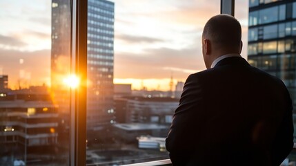 Poster - Businessman Silhouetted Against Sunset, Contemplating Cityscape from Office Window : Generative AI