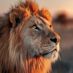 Aufkleber - Majestic male lion, golden sunset light illuminating his mane, profile view showcasing his powerful features and intense gaze.  A symbol of strength and wild beauty.