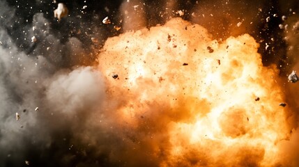 Leinwandbilder - Fiery explosion with debris and smoke, intense orange and yellow flames, dynamic motion, powerful energy, chaotic scene, dramatic effect, high contrast, dark background, particles flyi : Generative AI