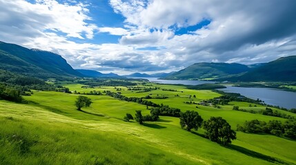 Poster - Serene landscape showcasing vibrant green pastures, rolling hills, and a tranquil lake nestled between majestic mountains under a partly cloudy sky. : Generative AI