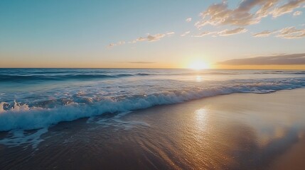 Aufkleber - Serene sunset over ocean waves gently lapping a sandy beach, creating a tranquil and picturesque coastal scene. : Generative AI