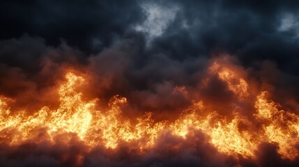 Leinwandbilder - Fiery inferno landscape: A dramatic depiction of intense orange and yellow flames billowing beneath a dark, stormy sky, creating a powerful and ominous scene. : Generative AI