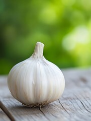 Aufkleber - Single bulb of garlic rests on weathered wood, soft green bokeh background.  A close-up shot emphasizing the bulb's texture and form. : Generative AI