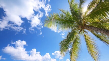 Poster - Low-angle view of a palm tree against a vibrant blue sky dotted with fluffy white clouds, sunlight filtering through the lush green fronds. : Generative AI