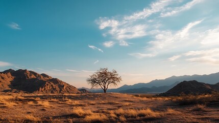 Poster - Lone tree silhouetted against a vibrant sunset, overlooking a vast desert landscape and majestic mountain range. Golden hour light bathes the scene in warm hues. : Generative AI