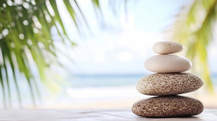 Poster - Serene stack of three smooth stones, balanced on a light surface, with blurred palm leaves and ocean in the background, evoking tranquility and peace. : Generative AI