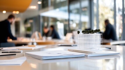 Aufkleber - Architectural model of a modern building with trees on top sits on a table in a blurred office background, showcasing design plans and a professional workspace. : Generative AI