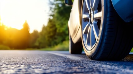 Poster - Close-up view of a car tire on asphalt road at sunset, showcasing the tire tread and alloy wheel details against a blurred background of trees and golden sunlight. : Generative AI