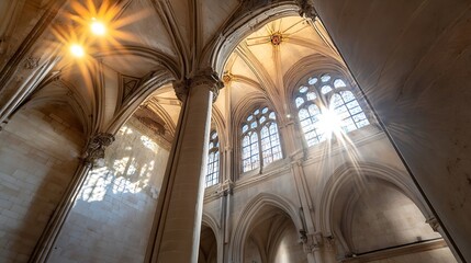 Poster - Sunbeams illuminate the Gothic architecture of a church interior, highlighting stone columns, arched ceilings, and stained-glass windows. : Generative AI