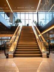 Aufkleber - Modern building interior with illuminated escalator and stairs, showcasing contemporary architecture and design elements.  The spacious lobby features large windows offering natural li : Generative AI