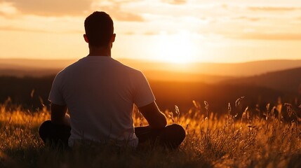 Aufkleber - Silhouette of a man meditating in a field at sunset, enjoying peace and tranquility in nature's golden hour. : Generative AI