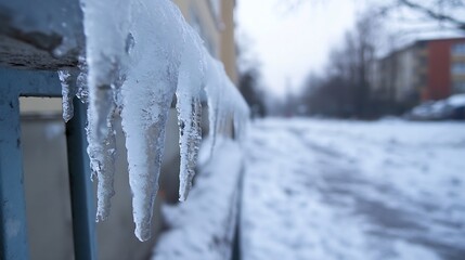 Aufkleber - Close-up of icy formations hanging from a weathered blue metal railing, with a blurred snowy street and buildings in the background, suggesting a cold winter day. : Generative AI