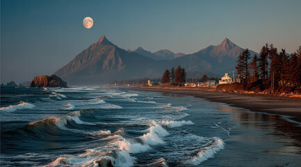 Poster - Serene coastal scene at dusk, featuring a full moon rising over majestic mountains and a tranquil ocean with gentle waves lapping the shore, near a small coastal town.
