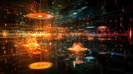 A dynamic digital artwork showing the evolution of artificial intelligence, from its early stages as a simple program to its advanced forms controlling complex systems and making autonomous decisions.