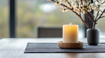 Aufkleber - A lit ivory candle sits on a rustic wooden holder, placed on a dark textured placemat, with a blossoming branch in a grey vase in the background, near a window. : Generative AI