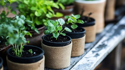 Poster - Close-up view of several small green plants in individual black pots, each pot wrapped in light brown burlap, sitting on a weathered wooden surface. : Generative AI