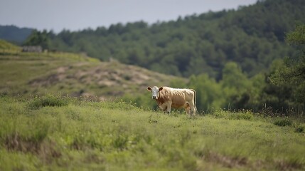 Aufkleber - A lone light brown cow stands in a lush green pasture, a tranquil rural landscape with distant hills and a forest backdrop. : Generative AI