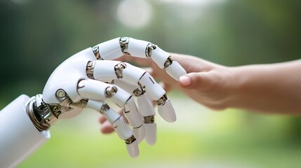 Poster - A robotic hand and a human hand gently touch, symbolizing the connection between artificial intelligence and humanity in a serene green outdoor setting. : Generative AI