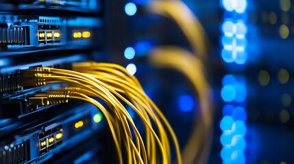 Poster - Close-up view of fiber optic cables connected to network server equipment, illuminated with blue and yellow light, showcasing data center technology. : Generative AI