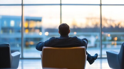 Poster - A businessman sits in a modern chair, gazing out a large window at a city skyline during sunset.  He appears relaxed and contemplative, enjoying the view. : Generative AI