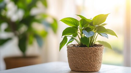 Aufkleber - A vibrant green philodendron plant thrives in a light-beige woven pot, sitting on a bright white table near a sunlit window, showcasing its lush foliage. : Generative AI