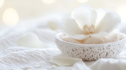 Fototapete - Delicate white flower petals nestled in a crocheted bowl, resting on soft white fabric; a serene, minimalist scene evoking feelings of peace and tranquility. : Generative AI