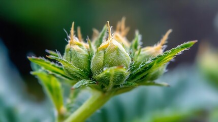 Poster - Close-up of a young, green plant's buds, covered in fine hairs, showing intricate detail and vibrant color. : Generative AI