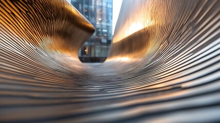 Fototapete - Abstract metallic sculpture with wave-like, layered design, showcasing a dynamic interplay of light and shadow, creating a sense of depth and movement. : Generative AI