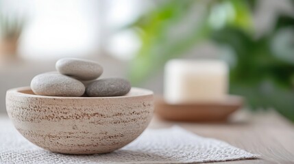 Aufkleber - Three smooth grey stones rest in a beige textured bowl, placed on a light fabric mat, with a blurred background of greenery and a candle. : Generative AI
