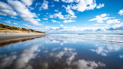 Aufkleber - Stunning coastal scene: beach, dunes, ocean waves, and a vibrant blue sky reflecting in the tranquil water, creating a serene and picturesque landscape. : Generative AI