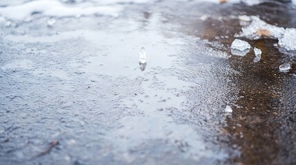 Poster - Melting ice crystals on a dark asphalt surface, reflecting light, creating a cold, wintery scene.  Small icicles and water droplets are visible. : Generative AI