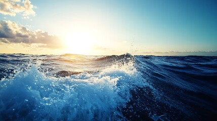Poster - Ocean wave crashing at sunset, blue water, sunlight, sea foam, dramatic sky, vibrant colors, powerful nature, peaceful scene, tranquil mood, summer vacation, coastal landscape, marine  : Generative AI