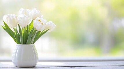 Poster - A bouquet of fresh white tulips sits in a simple white ceramic vase on a rustic wooden surface, bathed in soft sunlight against a blurred green background. : Generative AI