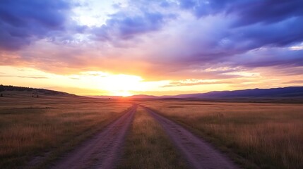 Aufkleber - Sunset over a vast, golden prairie landscape, a dirt road disappearing into the distance, vibrant purple and orange hues paint the sky. : Generative AI