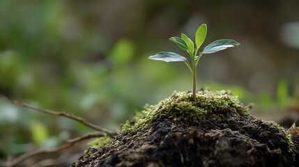 Aufkleber - A tiny seedling bravely emerges from the earth, its delicate green leaves reaching towards the sunlight, nestled amongst a bed of vibrant moss. : Generative AI