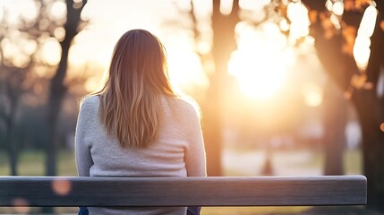 Aufkleber - Woman sits alone on a park bench, watching the sunset; golden hour light illuminates her long hair and back, peaceful autumn scene. : Generative AI
