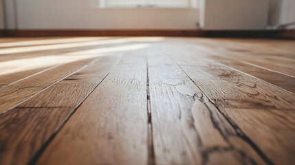 Aufkleber - Close-up view of a rustic, light brown oak wood floor, showing the natural grain and texture of the planks. Sunlight streams across the surface, creating warm highlights and shadows. : Generative AI