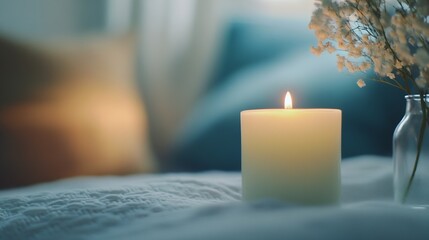 Leinwandbilder - A lit candle rests on soft bedding, next to a small glass vase holding delicate white gypsophila flowers, creating a serene and peaceful atmosphere. : Generative AI